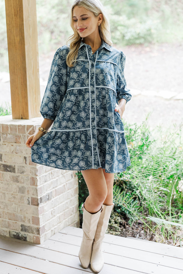 On Your Way Navy Floral Tiered Dress