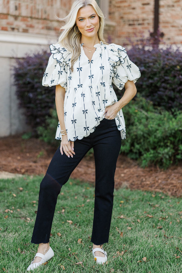 Forever In Love Cream Bow Print Blouse