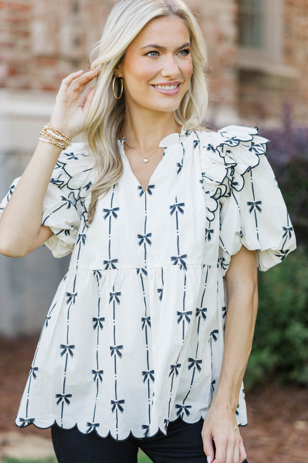 Forever In Love Cream Bow Print Blouse