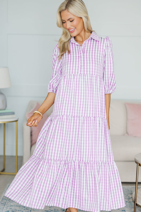 Nursing Collection: Love Found Purple Gingham Tiered Midi Dress, Small - The Mint Julep Boutique | Women's Boutique Clothing Nursing Collection: Love Found Purple Gingham Tiered Midi Dress, Small - The Mint Julep Boutique | Women's Boutique Clothing