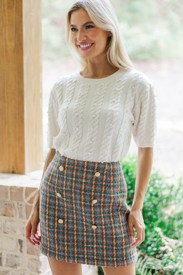 A Moment Of Time Teal Tweed Mini Skirt