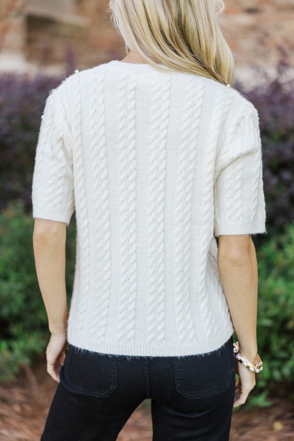 Polished And Chic Cream Pearl Embellished Sweater