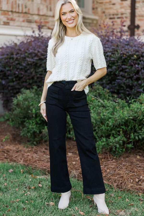 Polished And Chic Cream Pearl Embellished Sweater