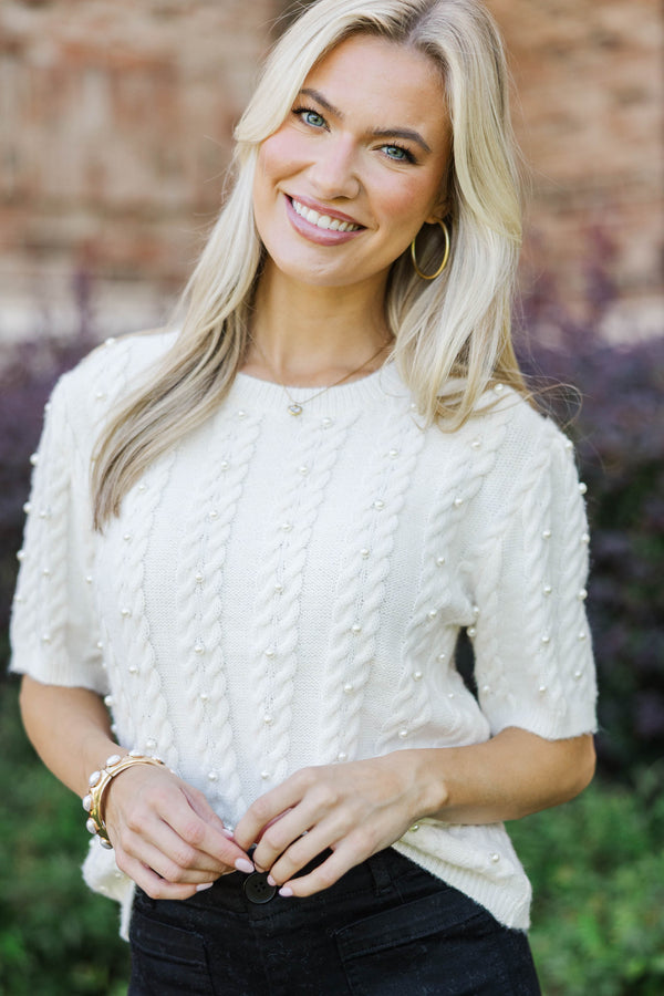 Polished And Chic Cream Pearl Embellished Sweater