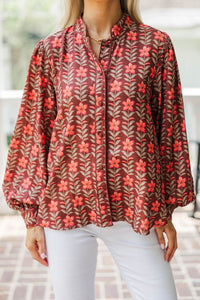 Strolls Through The Garden Burgundy Floral Blouse