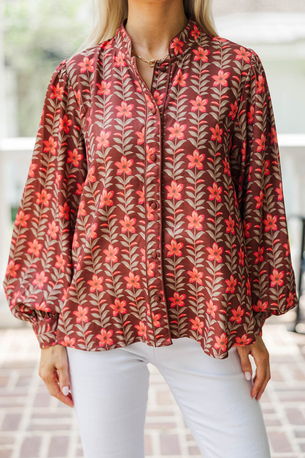 Strolls Through The Garden Burgundy Floral Blouse