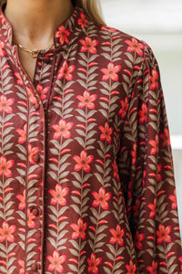 Strolls Through The Garden Burgundy Floral Blouse