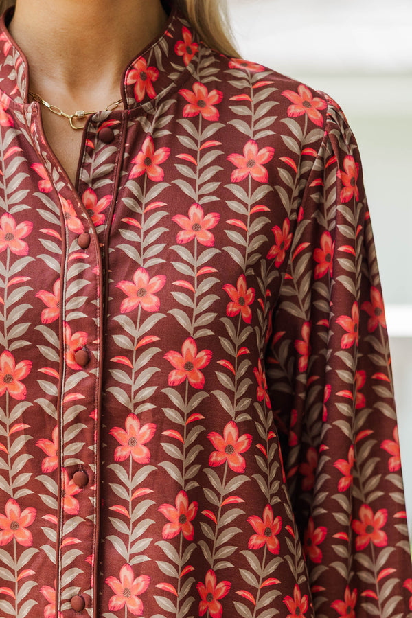 Strolls Through The Garden Burgundy Floral Blouse