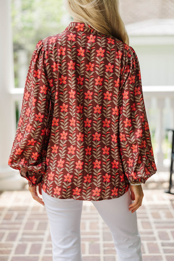 Strolls Through The Garden Burgundy Floral Blouse