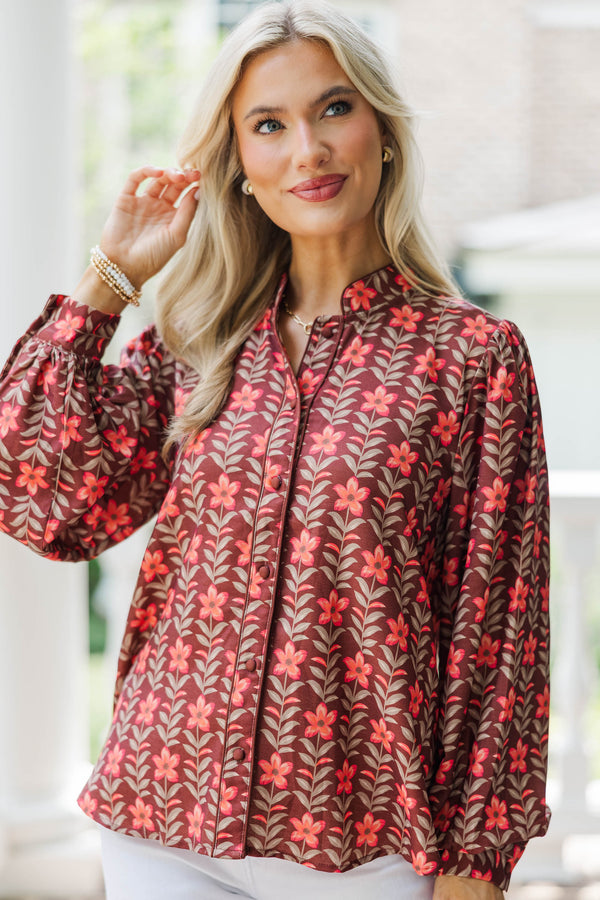 Strolls Through The Garden Burgundy Floral Blouse