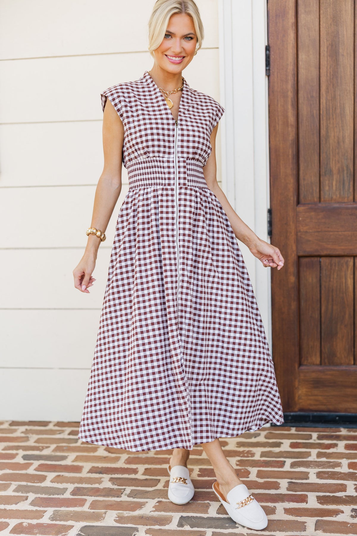 Sweet As Ever Brown Gingham Midi Dress – Shop the Mint