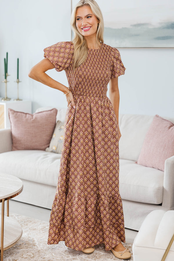 NURSING COLLECTION: Make The Right Choice Brown Medallion Maxi Dress