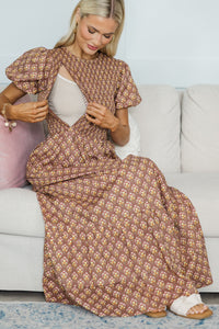 NURSING COLLECTION: Make The Right Choice Brown Medallion Maxi Dress