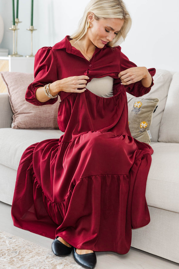 NURSING COLLECTION: Love Found Burgundy Tiered Midi Dress Shop the Mint NURSING COLLECTION: Love Found Burgundy Tiered Midi Dress Shop the Mint