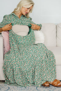 NURSING COLLECTION: Love Found Green Ditsy Floral Tiered Midi Dress