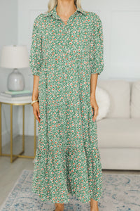 NURSING COLLECTION: Love Found Green Ditsy Floral Tiered Midi Dress