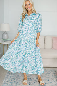 NURSING COLLECTION: Love Found Teal Blue Toile Tiered Midi Dress