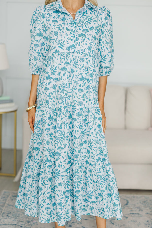 NURSING COLLECTION: Love Found Teal Blue Toile Tiered Midi Dress