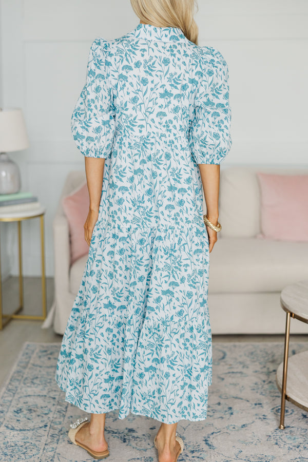 NURSING COLLECTION: Love Found Teal Blue Toile Tiered Midi Dress