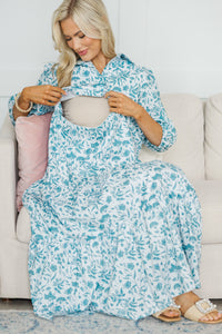 NURSING COLLECTION: Love Found Teal Blue Toile Tiered Midi Dress