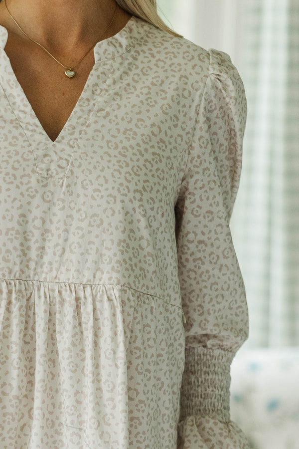 NURSING COLLECTION: What A Surprise Cream Leopard Print Midi Dress