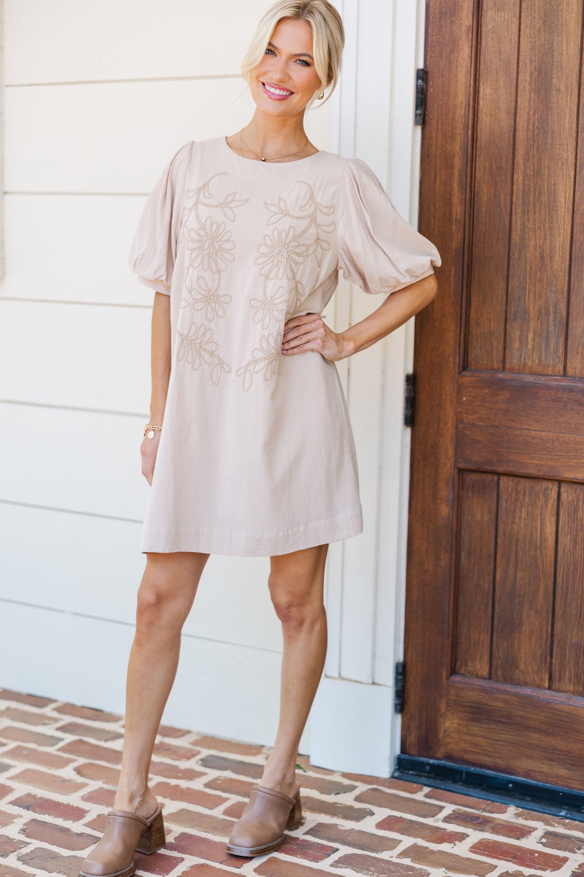 Rooting for You Natural Embroidered Shift Dress, Small - The Mint Julep Boutique | Women's Boutique Clothing