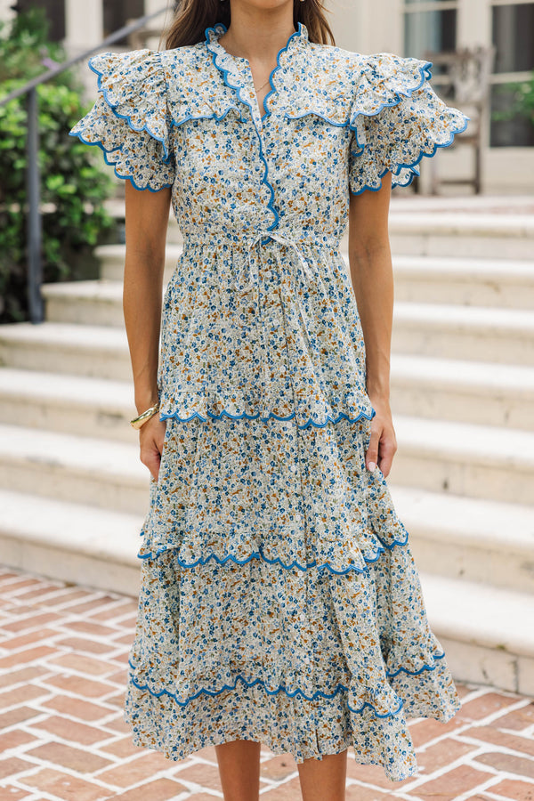 In The Air Brown Ditsy Floral Scalloped Midi Dress