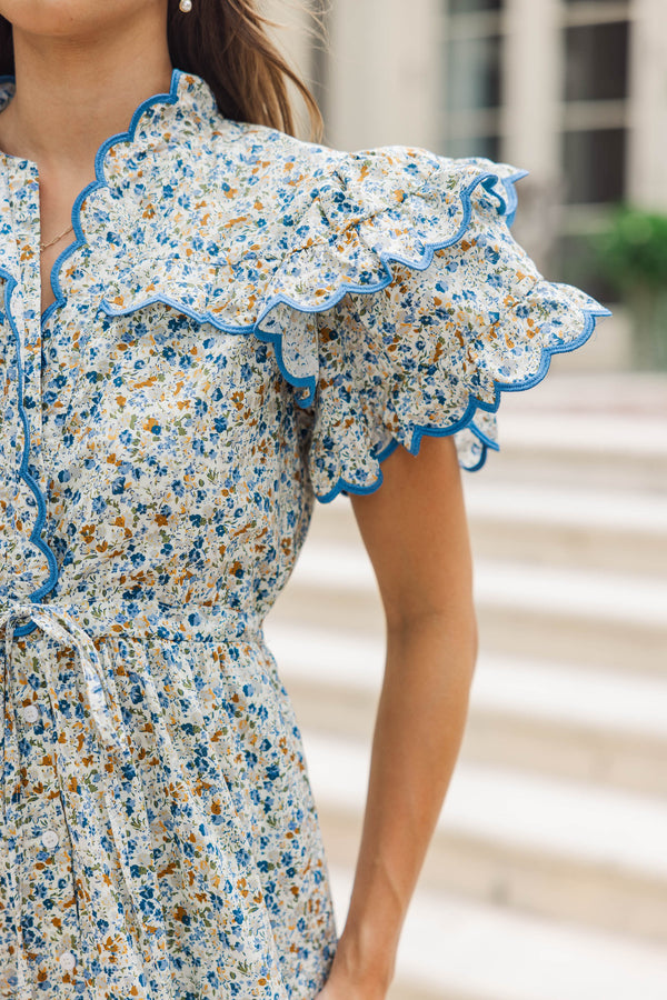 In The Air Brown Ditsy Floral Scalloped Midi Dress