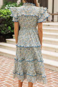 In The Air Brown Ditsy Floral Scalloped Midi Dress