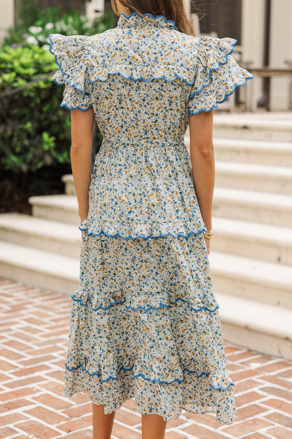 In The Air Brown Ditsy Floral Scalloped Midi Dress