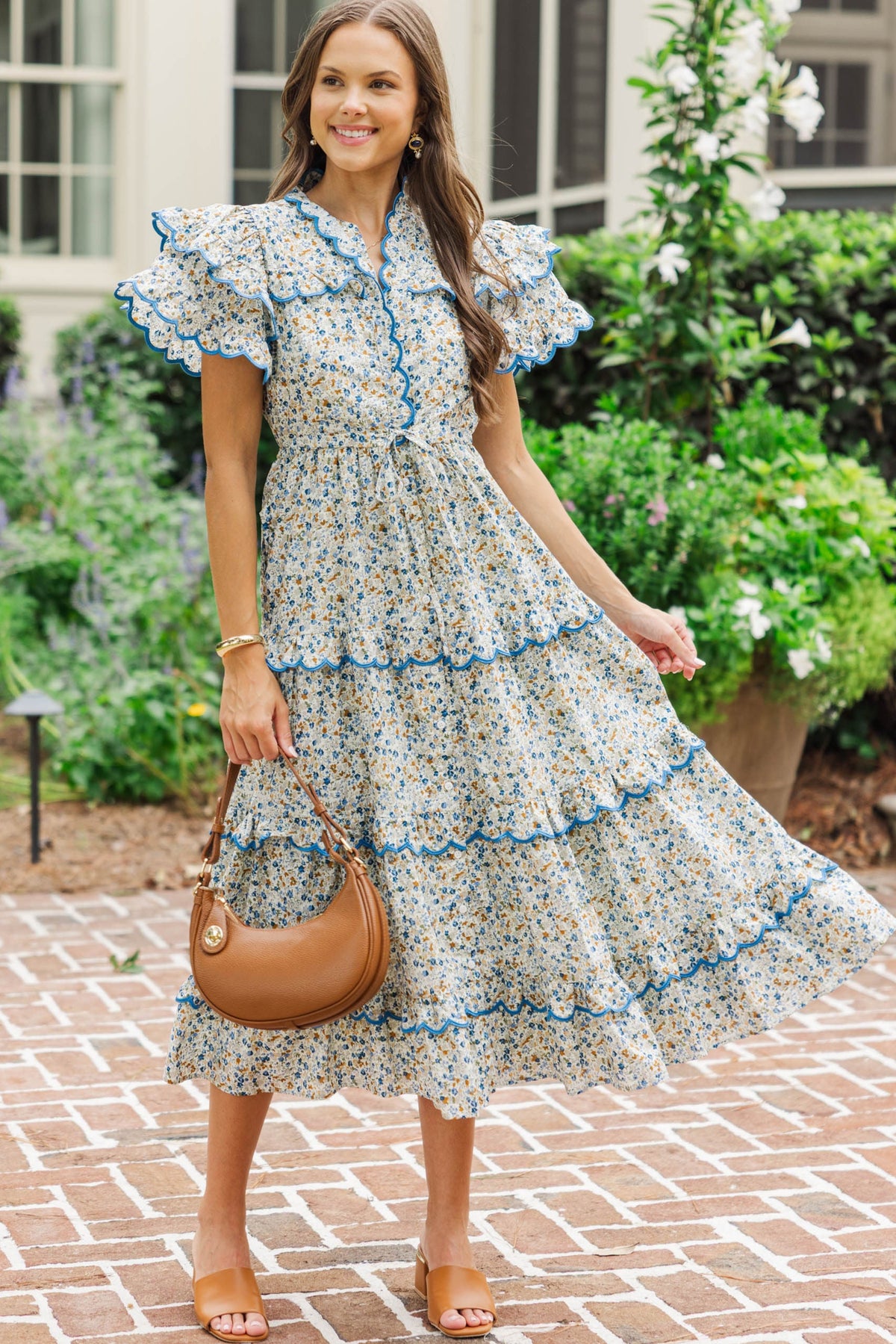 In The Air Brown Ditsy Floral Scalloped Midi Dress – Shop the Mint