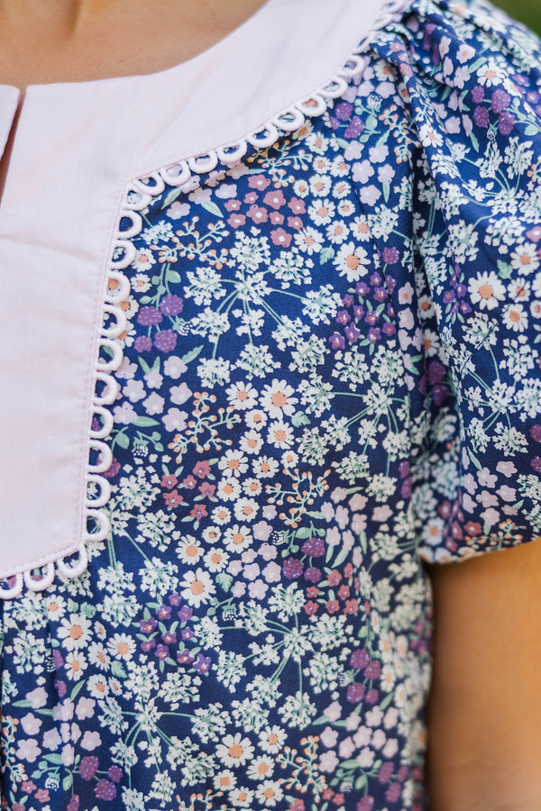 Girls: The Claire Navy Ditsy Floral Cotton Dress