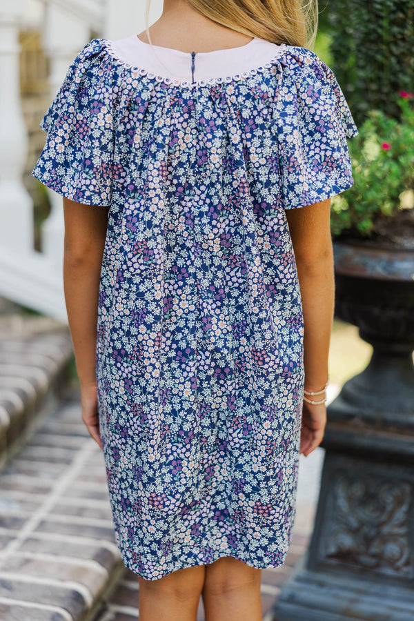 Girls: The Claire Navy Ditsy Floral Cotton Dress