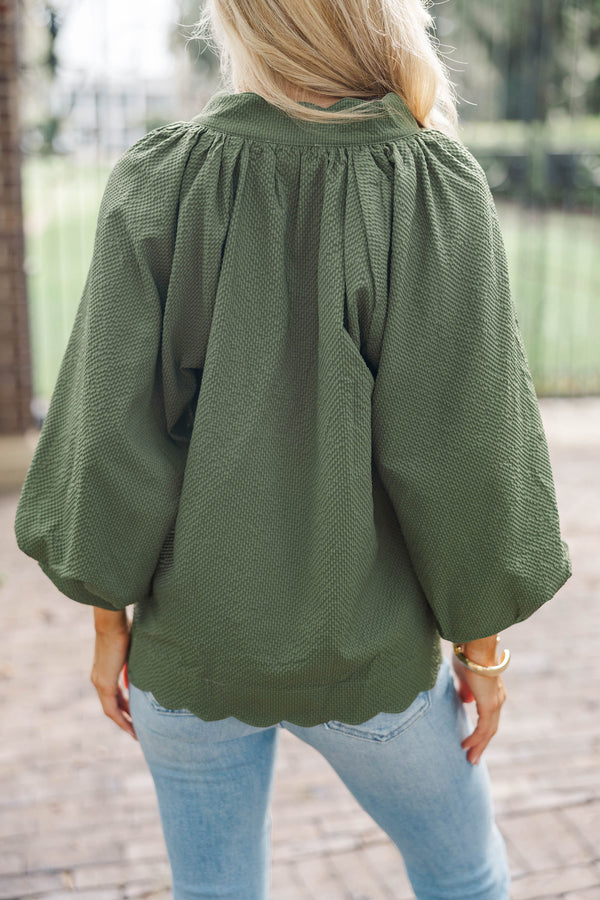 Go With The Grove Olive Scalloped Blouse