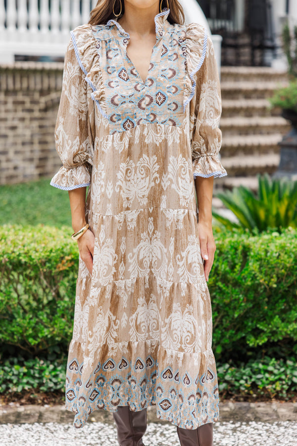 Don't Be Shy Taupe Floral Medallion Dress