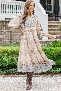 Don't Be Shy Taupe Floral Medallion Dress