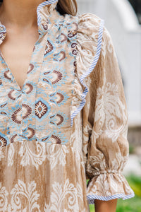 Don't Be Shy Taupe Floral Medallion Dress