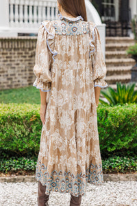 Don't Be Shy Taupe Floral Medallion Dress