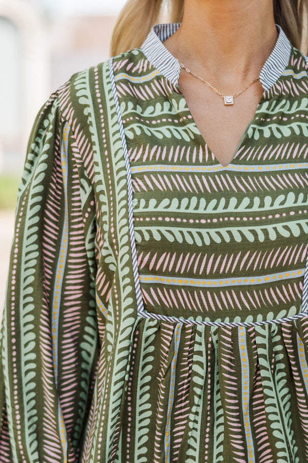 Say Less Olive Striped Babydoll Dress