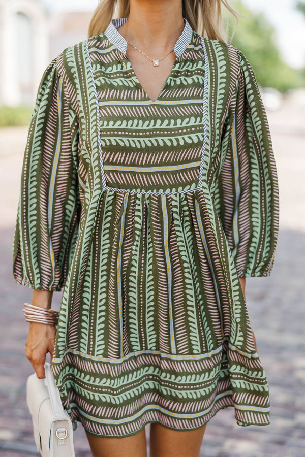 Say Less Olive Striped Babydoll Dress