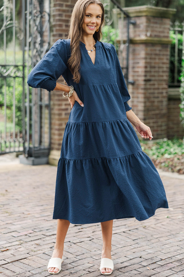 Too Good To Miss Navy Textured Dress