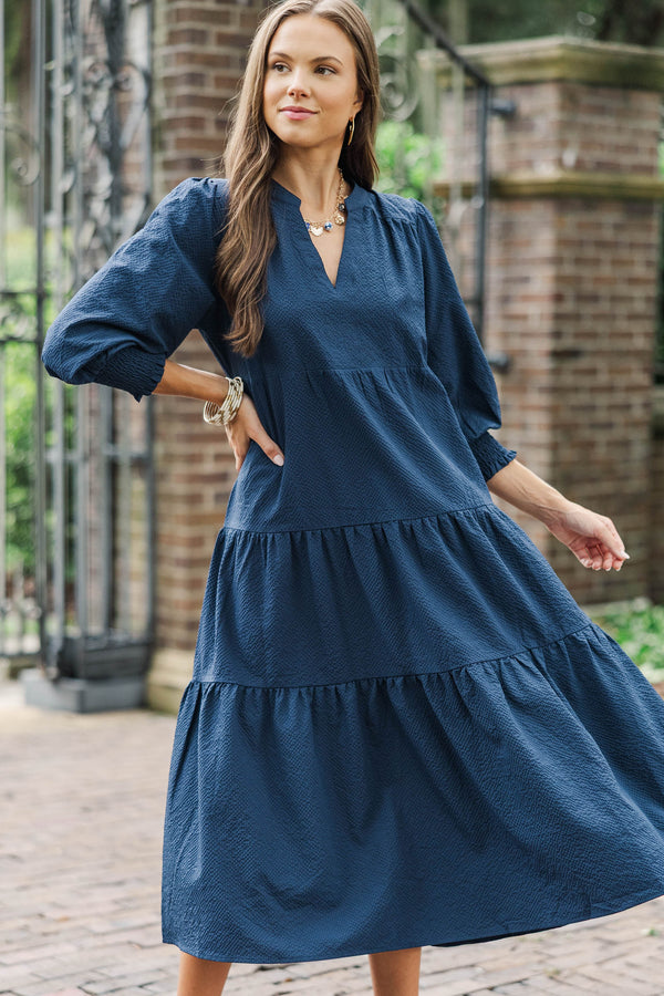Too Good To Miss Navy Textured Dress