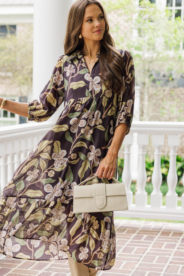 brown floral midi dress Just Keep Watching Brown Floral Midi Dress, Large - The Mint Julep Boutique