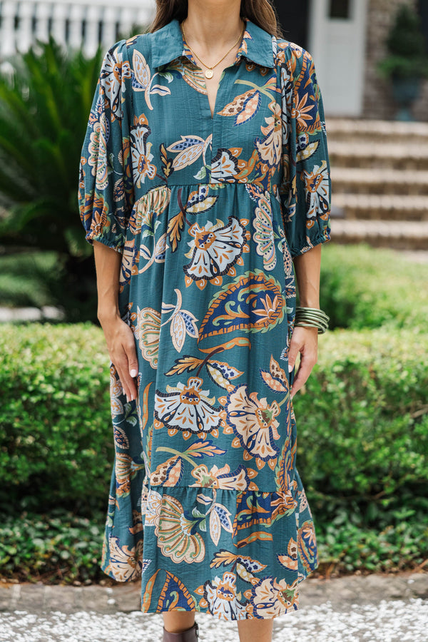 With The Flowers Teal Floral Midi Dress