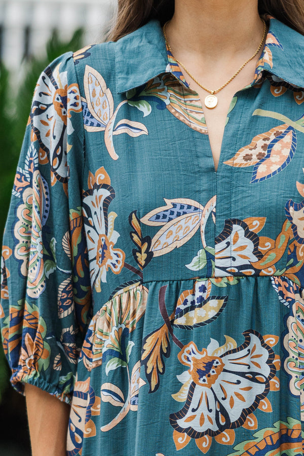 With The Flowers Teal Floral Midi Dress