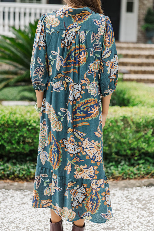 With The Flowers Teal Floral Midi Dress