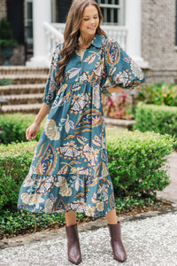 With The Flowers Teal Floral Midi Dress