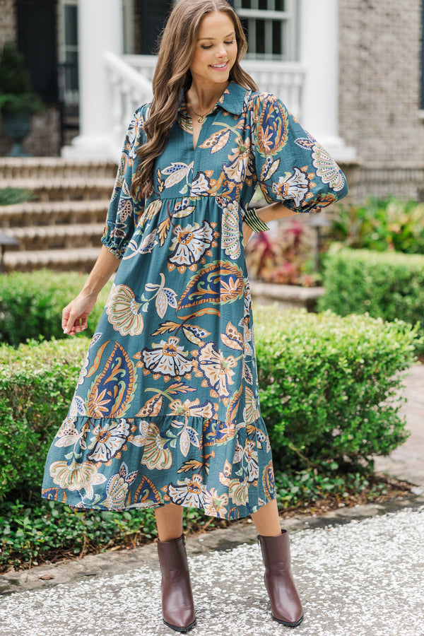 With The Flowers Teal Floral Midi Dress