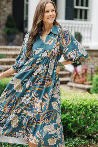With The Flowers Teal Floral Midi Dress