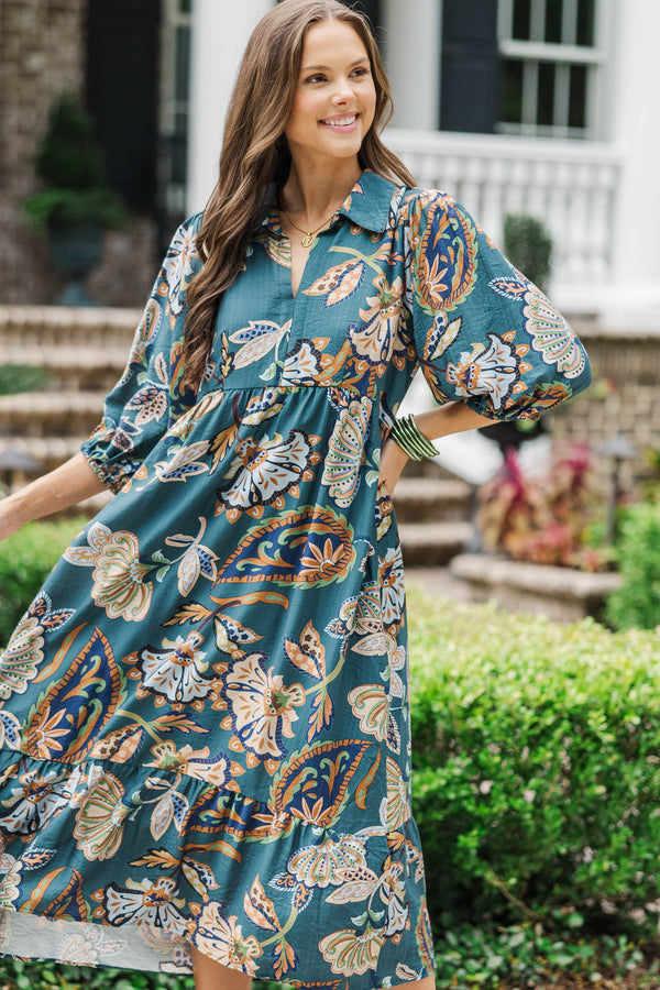 With The Flowers Teal Floral Midi Dress